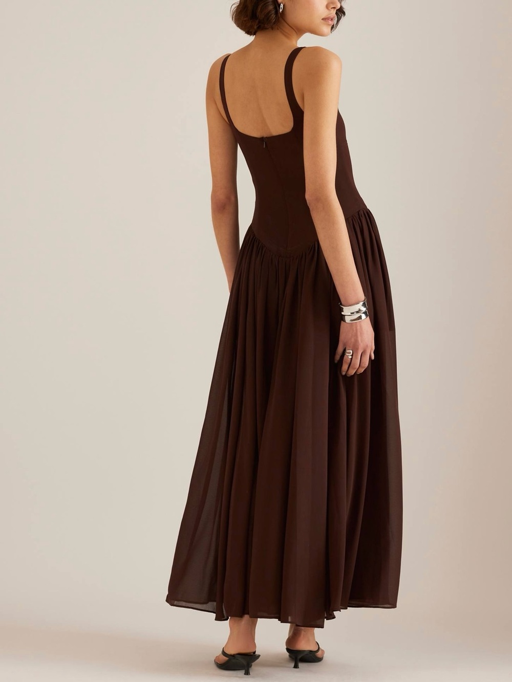 Bardot Brianna Drop Waist Maxi Dress Chocolate Brown Pleated Wedding Guest Sz L - Picture 2 of 5